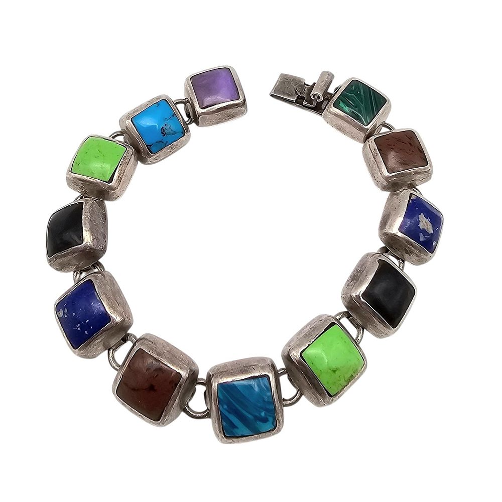 Lot 353: Mexico Multi Stone Sterling Silver Brac40.5 G