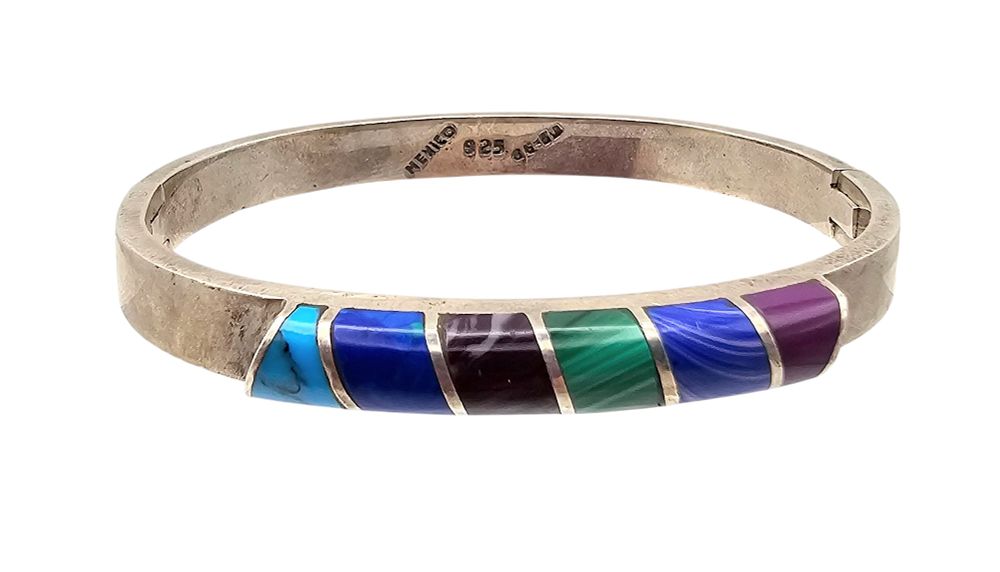 Lot 356: Mexico Multi Stone Sterling Silver Hinge Bangle Bracelet 37.8 G
