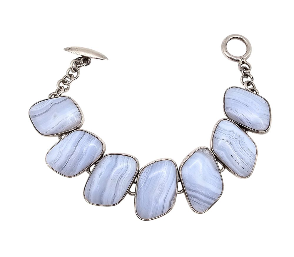 Lot 362: Citlal Mexico Blue Lace Agate Sterling Silver Toggle Bracelet 57.1 G