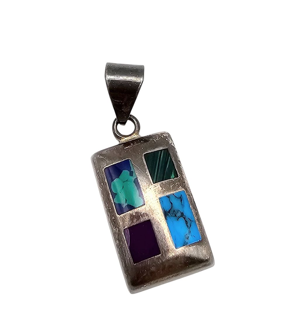 Lot 364: Charoite Turquoise Malachite Azurite Sterling Silver Pendant 12.7 G
