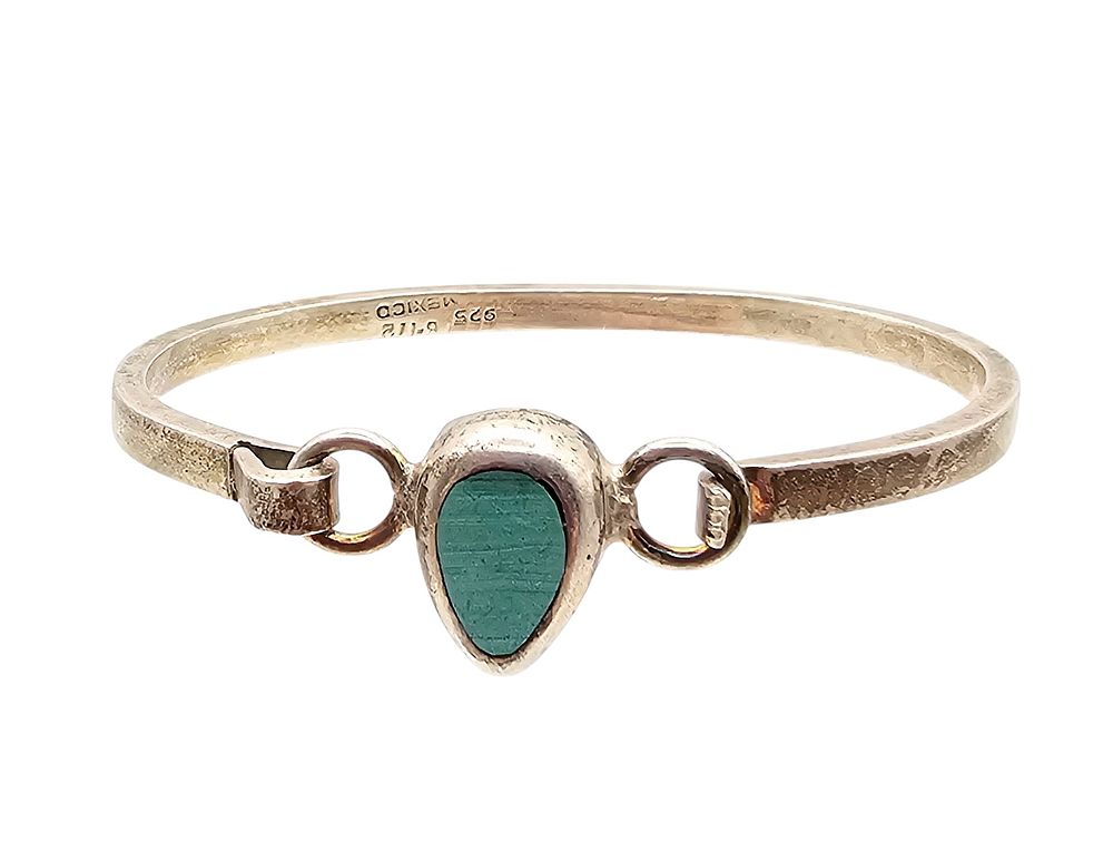 Lot 365: Mexico Turquoise Sterling Silver Eye Hook Bangle Bracelet 21.5 G