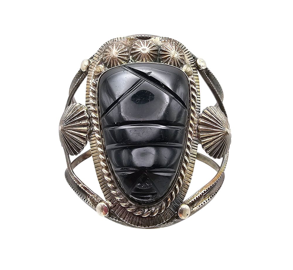 Lot 368: Onyx Sterling Silver Carved Face Mask Cuff Bracelet 72.8 G