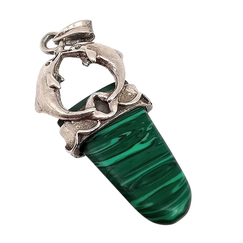 Lot 372: Malachite Sterling Silver Dolphin Pendant 7.4 G