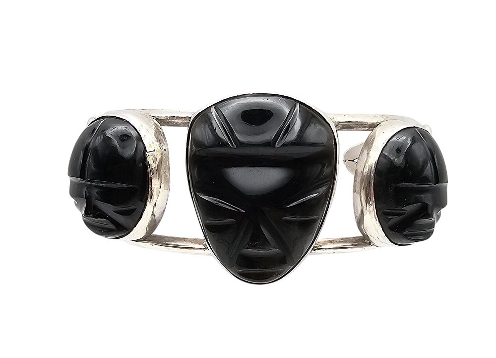Lot 381: Onyx Sterling Silver Carved Face Mask Cuff Bracelet 37.9 G