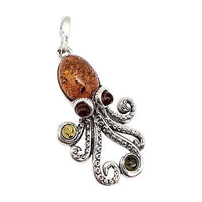 Amber Sterling Silver Octopus Pendant 3.6 G