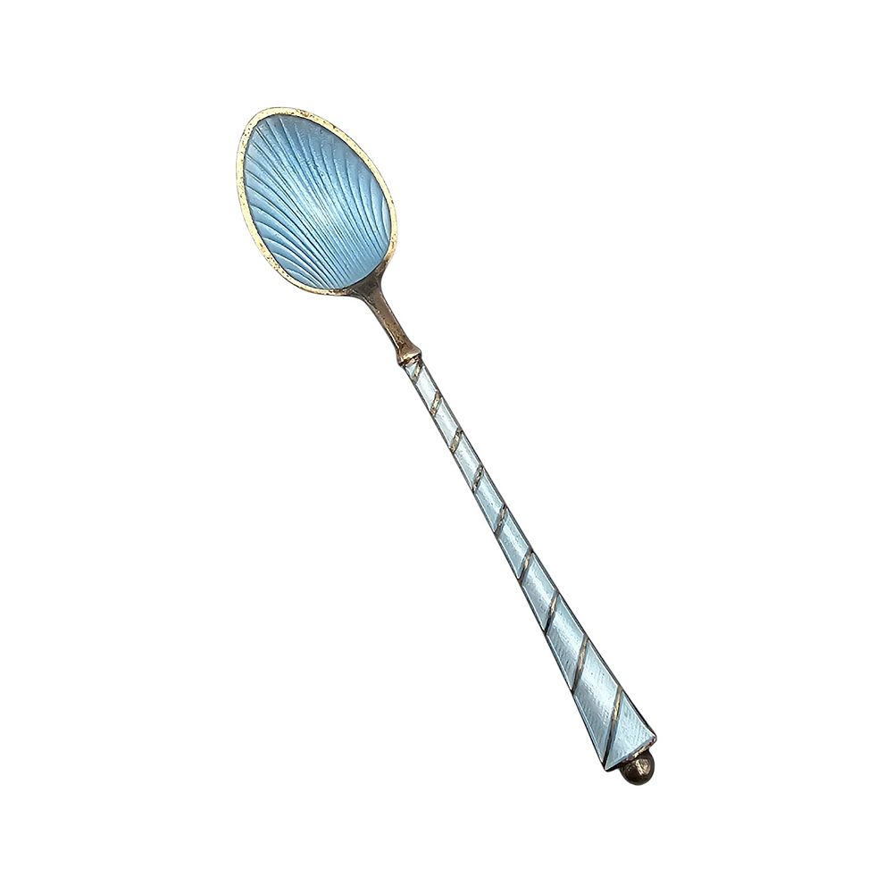 Lot 338: Eld Denmark Guilloche Enamel Sterling Silver Light Blue Spoon 8.3 G