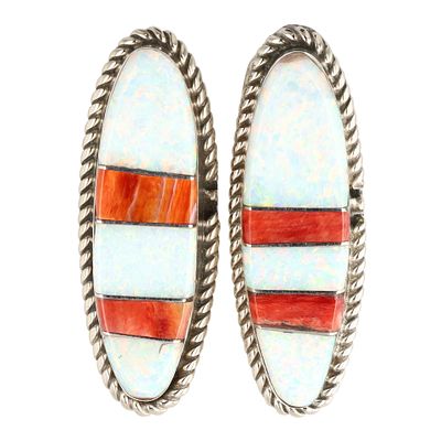 Signed AN Navajo Sterling Multi Stone Inlay Earrings 8.5g-Opal, Spiny Oyster