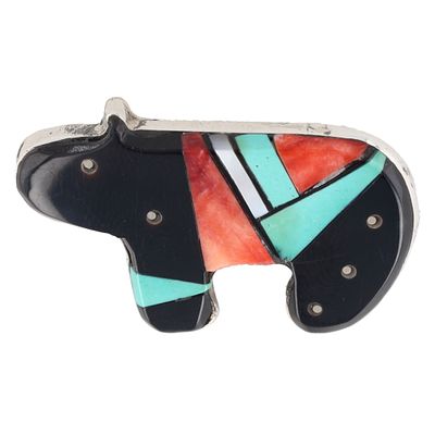 Gilbert Smith Navajo Sterling Multi Stone Inlay Bear Brooch 4.5g-Spiny Oyster, Turquoise, Jet