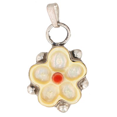 Tamara Pinto Zuni Sterling Multi Stone Flower Pendant 3g-Mother of Pearl, Coral