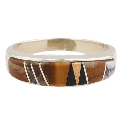 Bessie Johnson Navajo Sterling Multi Stone Inlay Ring Sz. 9, 5g-Touch of Sante Fe Shop-White