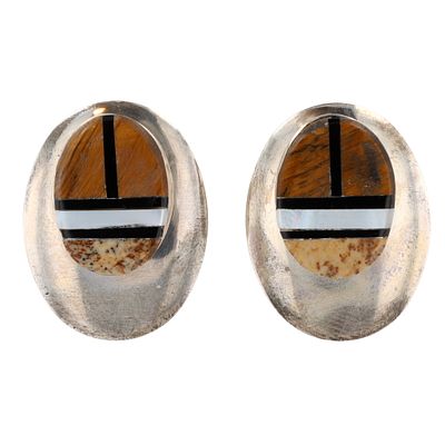 Leander Daws Navajo Sterling Multi Stone Inlay Earrings 9g-Tigers Eye, Picture Jasper, Onyx