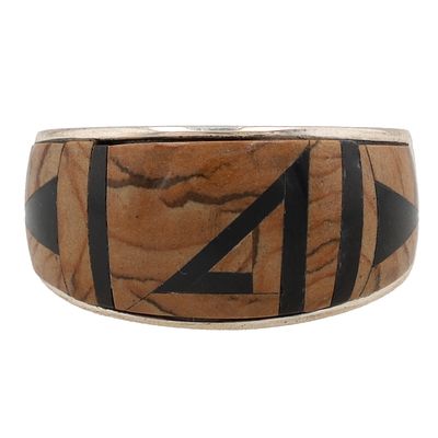 Hozho Navajo Sterling Multi Stone Inlay Ring Sz. 10, 9g-Picture Jasper, Onyx