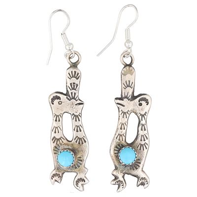 Signed RT Navajo Sterling Kingman Turquoise Chicken Earrings. Signed RT Navajo Sandcast Sterling