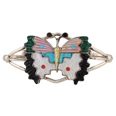 Tamara Pinto Zuni Sterling Multi Stone Butterfly Bracelet 16g-Malachite, Mother of Pearl, Onyx