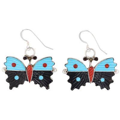 Tamara Pinto Zuni Sterling Multi Stone Butterfly Earrings 12g-Coral, Turquoise, Jet