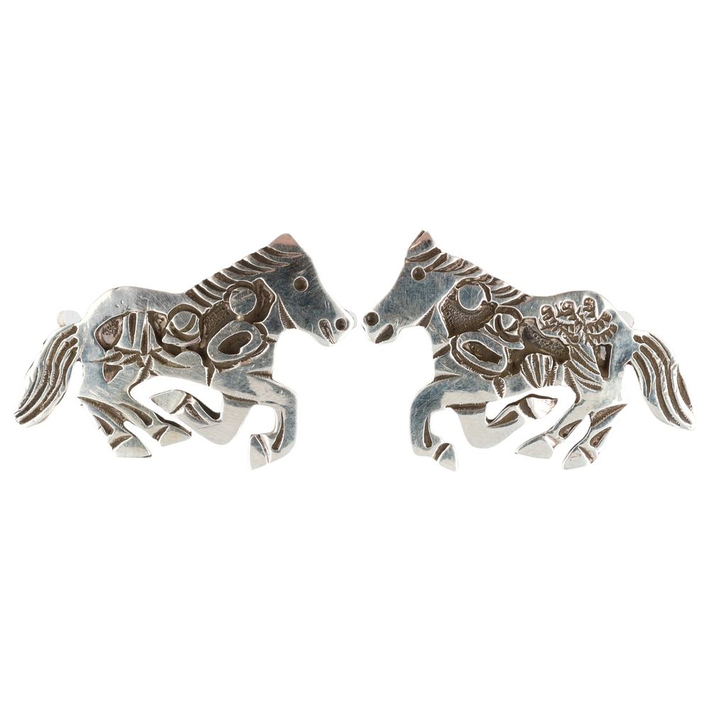 Lot 272: Lloyd Becenti Navajo Plain Silver Horse Overlay Earrings