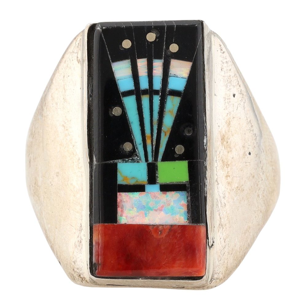 Lot 297: Gilbert Smith Navajo Sterling Multi Stone Inlay Ring Sz. 14