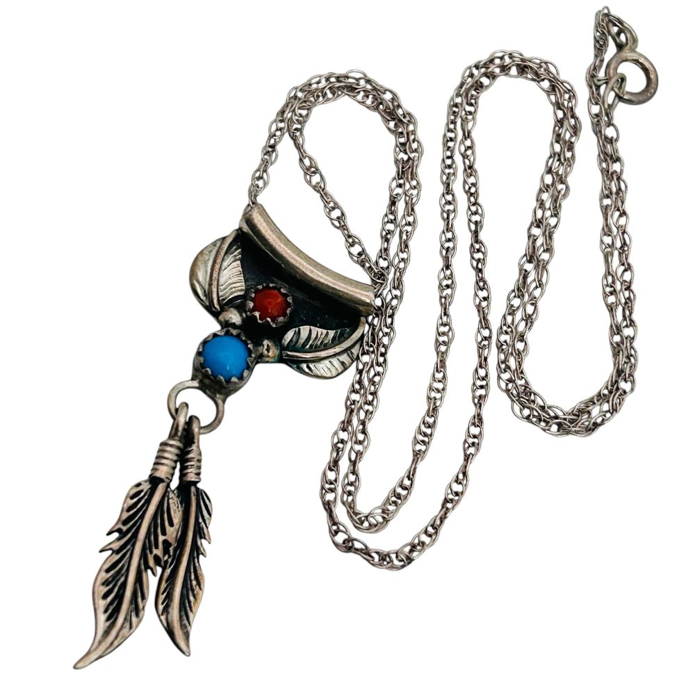 Navajo Turquoise Coral Sterling Feather Pendant Rope Chain Necklace, 4.43 G. Navajo turquoise 