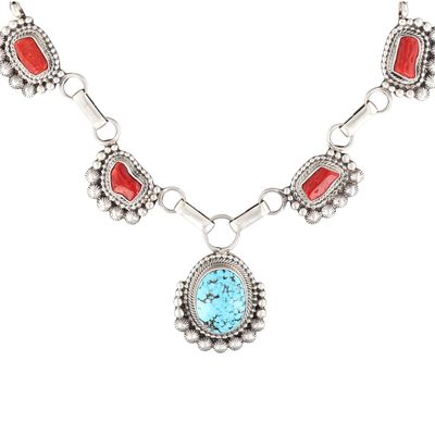 Tom Lewis Navajo Sterling Silver Turquoise and Coral Necklace. A Navajo sterling silver necklace 