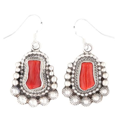 Tom Lewis Navajo Sterling Silver and Red Coral Dangle Earrings. A pair of Navajo sterling silver 