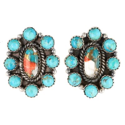 HaDa Collection Sterling Silver Spiny Oyster and Turquoise Cluster Earrings. A pair of HaDa 