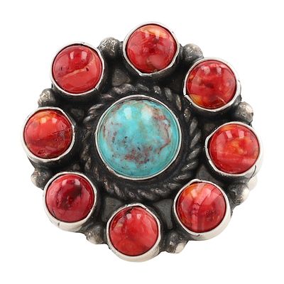 Navajo Devin Brown Sterling Silver Kingman Turquoise and Coral Cluster Adjustable Ring. A Navajo 