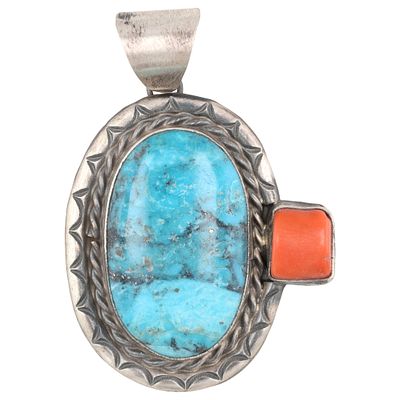 Betta Lee Navajo Kingman Turquoise and Coral Sterling Silver Pendant. A Navajo sterling silver 