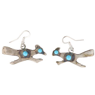 Tonya Yazzie Navajo Sterling Kingman Turquoise Roadrunner Earrings. A pair of Navajo sterling 