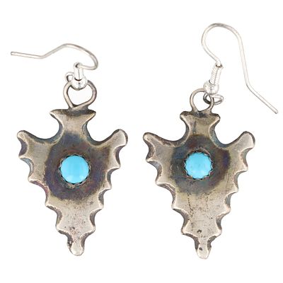 Cheryl Yazzie Navajo Sterling Silver and Kingman Turquoise Arrowhead Dangle Earrings. A pair of 