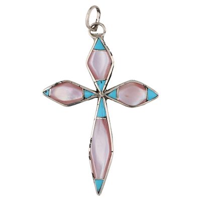 James Kee Zuni Sterling Silver Turquoise and Mother-of-Pearl Inlay Cross Pendant. A Zuni 
