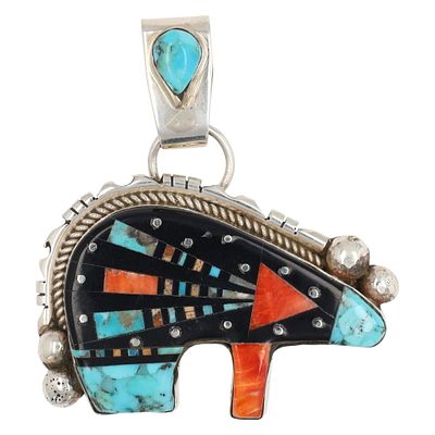 Navajo Ray Jack Multi-Stone Inlay Bear Pendant. A Navajo multi-stone inlay bear pendant by Ray 