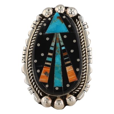 Ray Jack Navajo Sterling Silver Multi-Stone Inlay Ring. A Navajo sterling silver multi-stone 