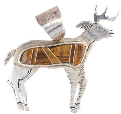 Wilson Dawes Navajo Handmade Sterling Silver Tiger Eye Deer Pendant. A Navajo handmade sterling 