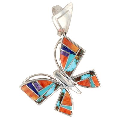 B. Joe Navajo Sterling Silver Multi-Stone Inlay Butterfly Pendant. A sterling silver pendant 