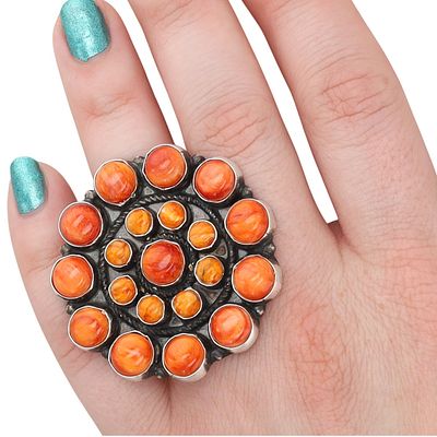 Devin Brown Navajo Sterling Silver Spiny Oyster Cluster Ring. A Navajo handmade sterling silver 