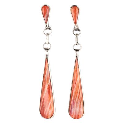 Alfred Gasper Navajo Sterling Silver and Spiny Oyster Shell Dangle Earrings. A pair of Navajo 
