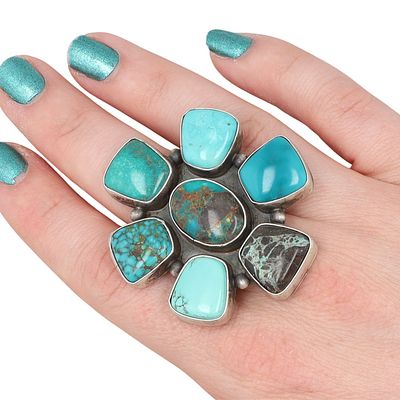 Tatum Skeets Navajo Handmade Sterling Carico Lake Turquoise Cluster Ring. A large Navajo 