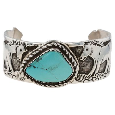 Lloyd Becenti Navajo Sterling Thunder Mountain Turquoise Horse Motif Cuff Bracelet. A Navajo 