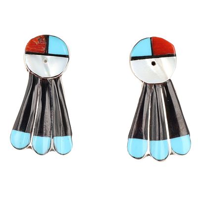 Cheryl Paywa Zuni Multi-Stone Inlay Sunface Post Earrings. A pair of Zuni multi-stone inlay 