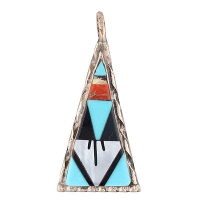Wilson and Carol Niiha Zuni Multi Stone Geometric Inlay Sterling Silver Triangular Pendant. A 