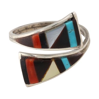 Zuni Tammie Qualo Sterling Silver Multi-Stone Inlay Wrap Ring. A Zuni sterling silver 