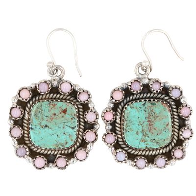 HaDa Collection Sterling Silver Turquoise and Pink Opal Dangle Earrings. A pair of HaDa 