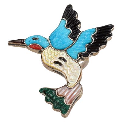 Tamara Pinto Zuni Sterling Silver Multi-Stone Inlay Hummingbird Ring. A contemporary Zuni 