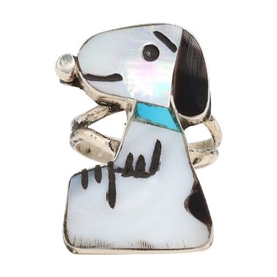 Zuni Native American Inlay Sterling Silver Snoopy Ring by Shenel Comosona. A sterling silver 