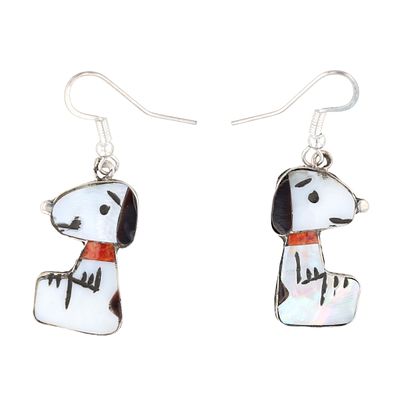 Zuni Shenel Comasona Sterling Silver Inlaid Snoopy Dangle Earrings. A pair of Zuni Shenel 