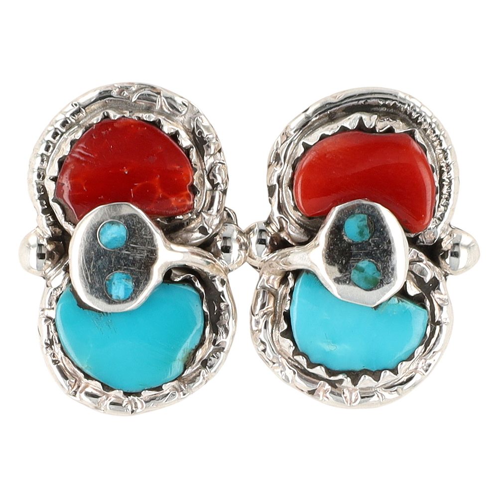 Lot 163: Effie Calavaza Zuni Sterling Silver Turquoise Coral Snake Earrings