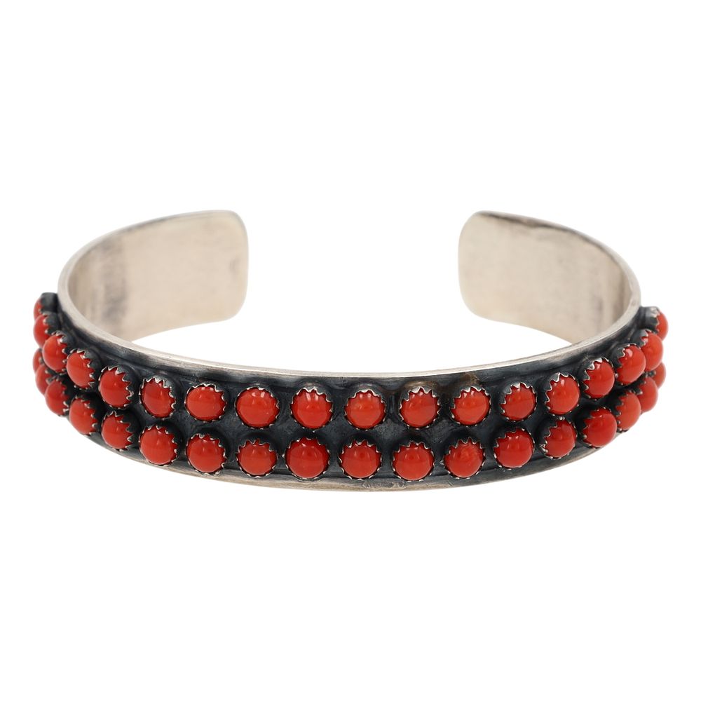 Lot 196: Tillie Jon Navajo Sterling Coral Row Cuff Bracelet