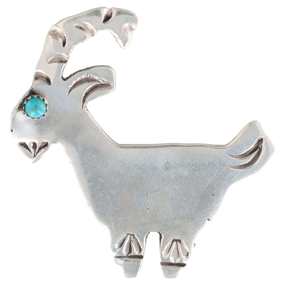 Lot 203: R.M. Navajo Sterling Turquoise Goat Brooch