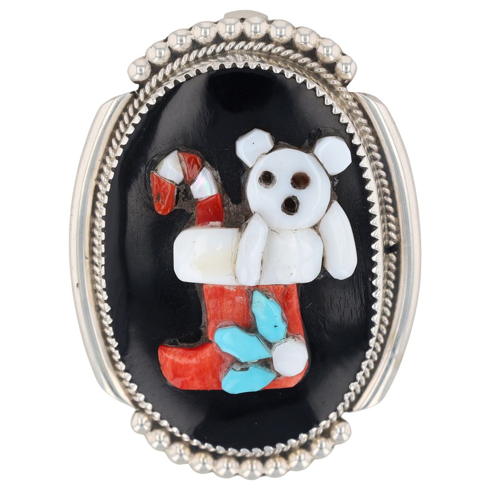Lot 220: Beverly Etsate Zuni 3D Stocking Bear Cane Inlay Brooch Pendant