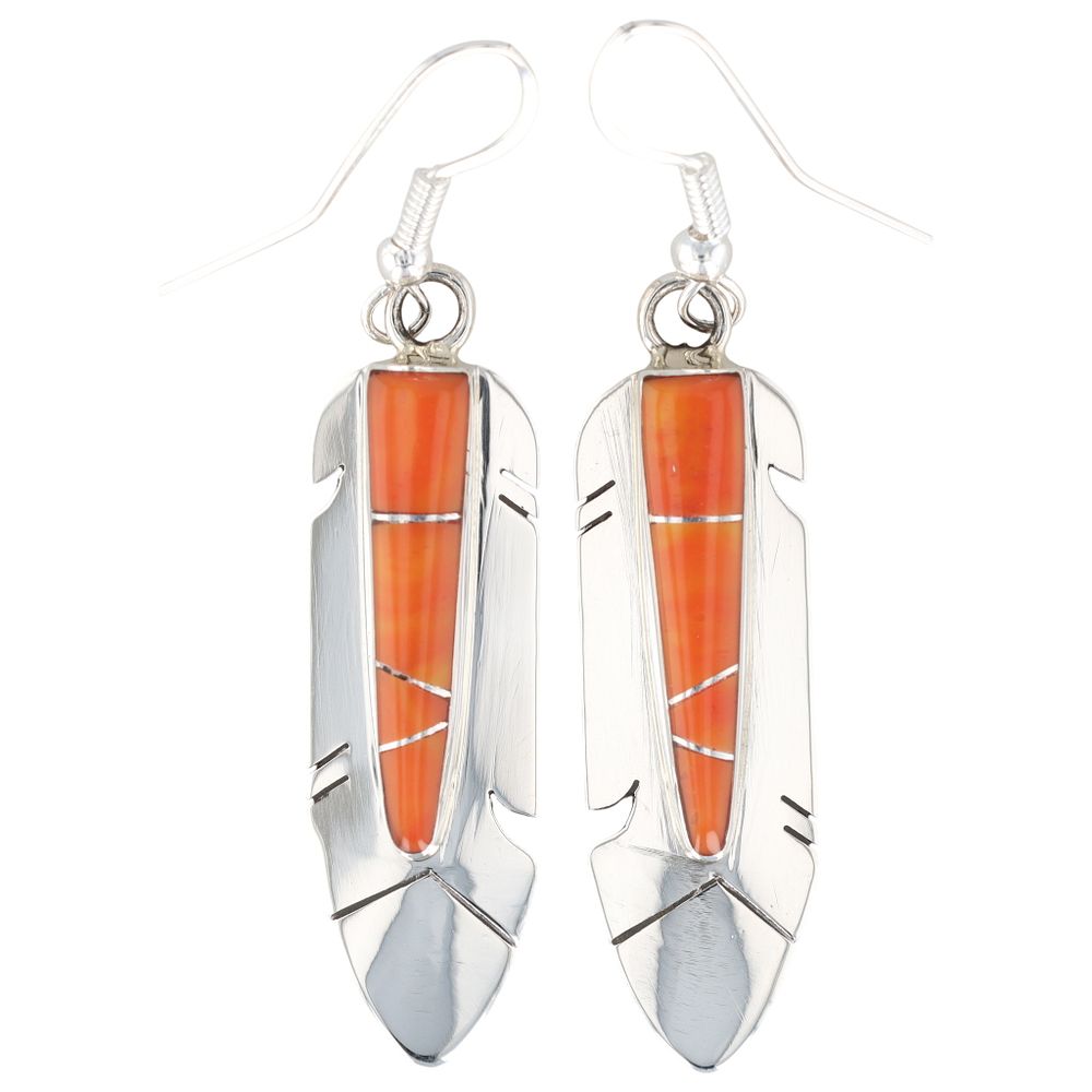 Lot 254: Mary Yazzie Navajo Sterling Spiny Oyster Inlay Feather Earrings